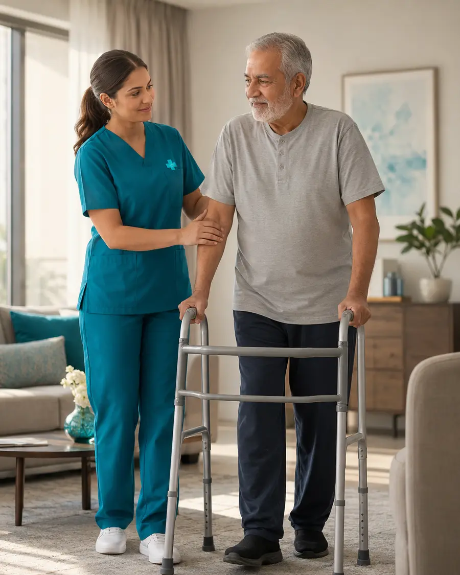Care professional supporting an older adult at home