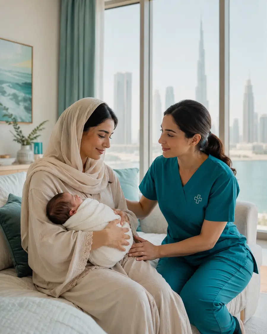 Mother holding her newborn baby at home