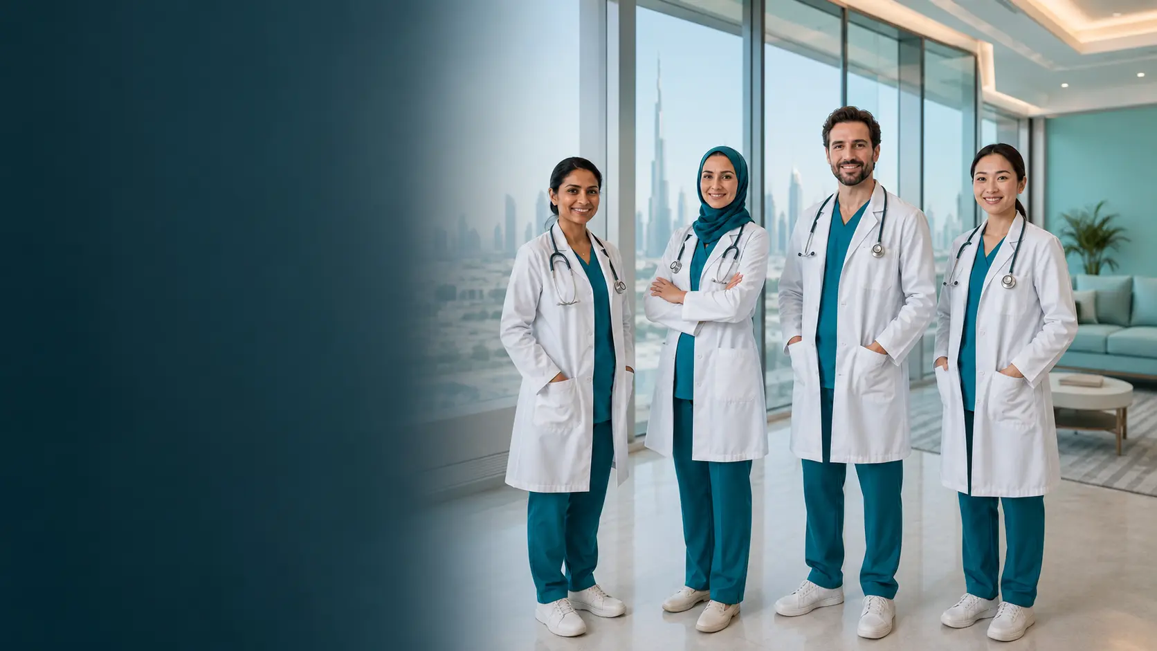 A diverse home healthcare team of one male doctor and three female doctors in Dubai