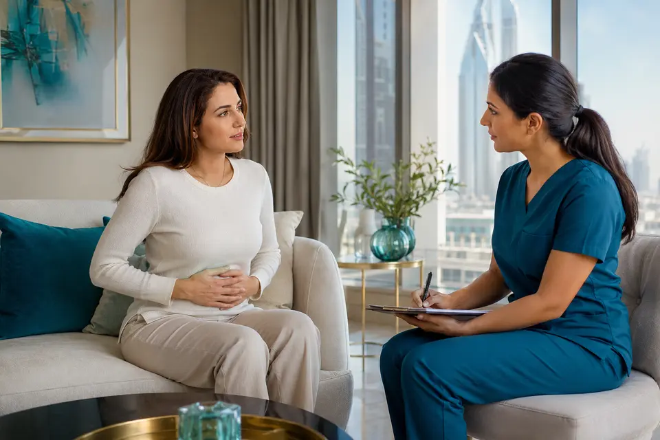 Home doctor discussing digestive discomfort with a patient