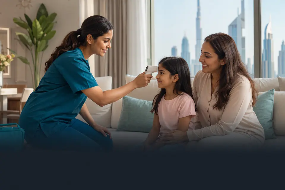 Home doctor checking a child's temperature in Dubai