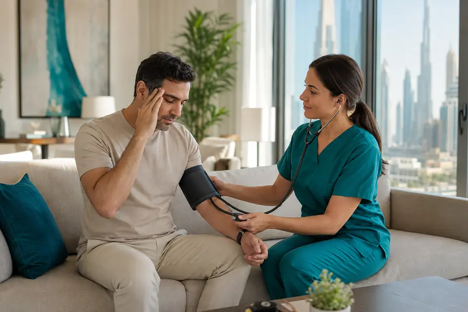 Home doctor assessing a patient with headache and fatigue