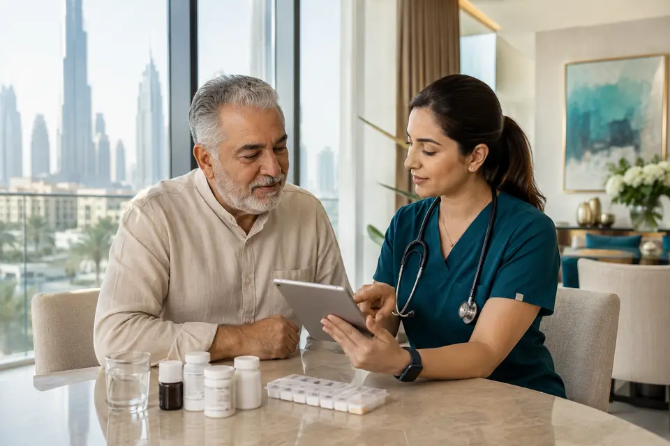 Home doctor reviewing medicines with an older patient