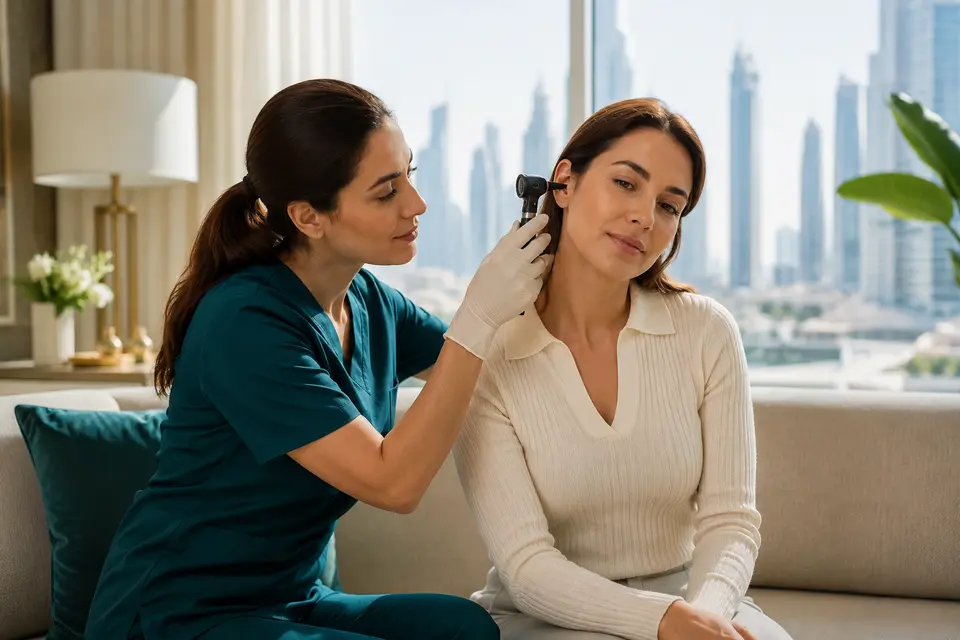 Home doctor examining a patient's ear during a home visit