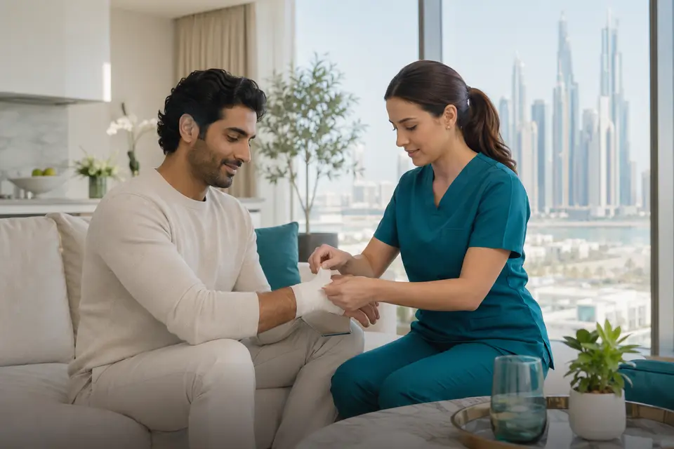 Home clinician applying a clean bandage to a minor hand injury